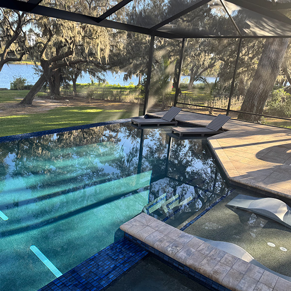 Beautiful new pool in the backyard with a view of the lake in Lithia, FL